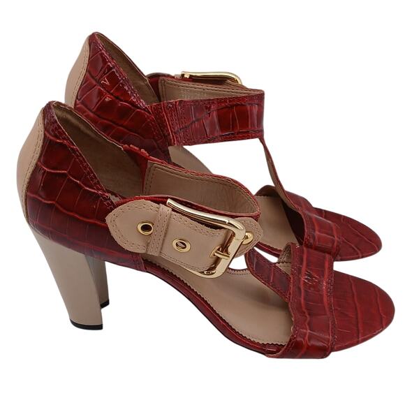 Franco Sarto Detract 2 Women's Leather Sandals Beige/Maroon Block Heels 9 M - Picture 3 of 14